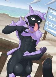 2025 5_fingers abs anthro anthrofied athletic athletic_anthro athletic_male balls beach big_balls big_penis big_tongue biped bivalve black_arms black_balls black_face black_fingers black_hands black_penis blue_sky cloud digital_drawing_(artwork) digital_media_(artwork) english_text erection featureless_chest fence fingers generation_1_pokemon genitals gesture glans glistening glistening_balls glistening_genitalia hand_gesture hand_on_own_penis hand_on_penis hi_res huge_balls huge_cock humanoid_hands hyper hyper_balls hyper_genitalia jewelry looking_at_viewer male marine mollusk multicolored_penis necklace nintendo nude nude_anthro nude_male outside penis pink_tongue pique_raj pokemon pokemon_(species) pokemorph posing_for_picture purple_arms purple_body purple_chest purple_glans purple_penis sand sea seaside shellder skateboard sky solo standing text tongue tongue_out two_tone_penis v_sign vehicle water white_clouds wood wood_fence