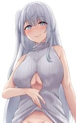 1girls absurdres blue_eyes blush breasts cleavage closed_mouth clothes_lift fuyutsuki_(kancolle) groin heart heart-shaped_pupils highres kantai_collection kiritto large_breasts lifting_own_clothes long_hair one_side_up simple_background smile solo sweater sweater_lift symbol-shaped_pupils underboob upper_body white_background white_hair white_sweater