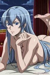 akame_ga_kill! big_breasts blue_hair breasts breasts_bigger_than_head esdeath_(akame_ga_kill!) feet feet_up foot_fetish foot_focus laying_down laying_on_bed laying_on_stomach naked pinku.ai