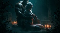 ai_generated ciri cirilla_fiona_elen_riannon female grabbing_breasts grabbing_from_behind green-skinned_male green_eyes green_skin human human_female leshay7 light-skinned_female light_skin male male/female muscular muscular_male night orc orc_male outdoors sweat the_witcher_(series) the_witcher_3:_wild_hunt white_hair