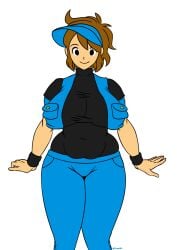 ann_glerr belly belly_button big_breasts black_eyes black_wristband blue_hat blue_pants blue_vest breast_pockets breasts brown_hair brunette_hair cameltoe chubby chubby_female cropped cropped_legs female gummidx huge_breasts large_breasts nintendo no_background rhythm_heaven sakana_tsuriko short_hair smile visor_cap white_background wristband