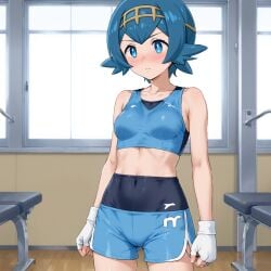 ai_generated anime anime_style blue_eyes blue_hair breasts female gym gym_clothes gym_leader gym_uniform lana_(pokemon) pokemon sporty tight_clothing titts