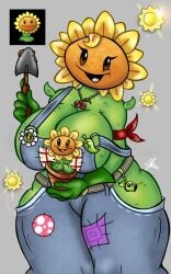 1girls anthro anthrofied ass big_breasts breasts breasts female flora_fauna freckles larger_female overalls patch plant plant_girl plant_humanoid plantie plants_vs._zombies plants_vs_zombies popcap_games pussy sunflower_(pvz) thick_thighs tight_clothing yukirita