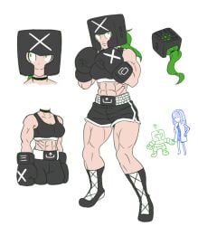 abs black_boots black_choker black_sports_bra boxers boxing_gloves console-tan console_girls dolphin_shorts green_eyes green_hair gummidx headgear light-skinned_female light_skin midriff muscles muscular muscular_arms muscular_female muscular_legs no_background ponytail posing sports_bra white_background xbox_series_x-tan