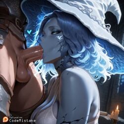 1girls ai_generated armor bed blowjob blue_eyes blue_hair blue_skin candle codemistake elden_ring eyes fellatio female half-closed heart lower_body male_pubic_hair oral patreon patreon_logo patreon_reward patreon_url penis ranni_the_witch scroll tarnished testicles tongue upper_body white_lingerie witch_hat
