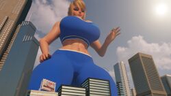 1girls ass big blonde_hair breasts building city dbh_frost dbhfrost female focus giant giantess hair helicopter laying light light-skinned long looking macro mega metroid micro on only ponytail samus_aran scrag_boy side skin suit thick thigh thighs yoga_pants zerosuit