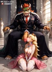 1boy ai_assisted ai_generated artist_request blonde_hair blush bowser breasts choker claws crown dress erection fellatio female forked_eyebrows formal furry furry_male garter_straps gloves horns interspecies jewelry kneeling large_breasts large_penis long_hair mario_(series) necktie nintendo nipple_piercing nipples oral penis piercing pink_dress precum princess princess_peach red_necktie saliva sitting spiked_armlet spikes straight suit thighhighs thighs throne uncensored white_choker white_gloves