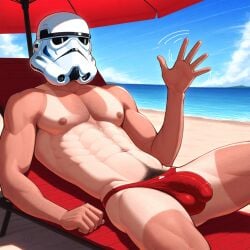 1boy ai_generated athletic athletic_male balls_outline beach beach_chair beach_umbrella big_bulge bulge detailed_bulge helmet helmet_only light_skin light_skinned_male lying lying_on_back lying_on_chair male male_focus male_only muscular muscular_male penis_outline red_speedo shade solo speedo speedo_only star_wars stormtrooper tan_body tan_line tan_lines tanning water waving waving_at_viewer waving_hand