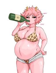 1girls ashido_mina big_belly big_breasts black_sclera bloated_belly boku_no_hero_academia booty_shorts chugging cleavage clothed clothing drinking edit female female_only horn horns hotpants leopard_print mina_ashido my_hero_academia navel outie_navel pink_body pink_hair pregnant shakuraya thick_thighs third-party_edit unbuttoned unbuttoned_pants yellow_eyes yellow_pupils