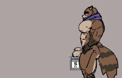 anthro anthro_male big_balls black_fur blush brown_body brown_fur furry furry_male grey_background looking_at_balls looking_at_own_balls looking_at_own_penis looking_at_penis looking_down male male_anthro muscular muscular_anthro muscular_male oryzaviridi purple_scarf scarf scarf_only tanuki tanuki_humanoid tanuki_tail weighing_scale white_fur