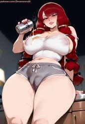 ai_generated areola_slip bangs beer blush braided_hair braided_twintails breasts cameltoe curvy curvy_body curvy_female curvy_figure dreamcoreart drunk fairy_tail female female_focus female_only from_below grey_shorts hair_ornament hair_ribbon huge_breasts indoors irene_belserion large_breasts light-skinned_female light_skin long_hair looking_at_viewer nipple_bulge no_bra no_sex non-nude patreon_username red_hair seductive short_shorts shorts solo solo_female solo_focus spilling_drink sweat tank_top teasing thick_thighs voluptuous voluptuous_female wide_hips