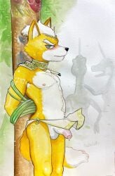 anthro balls blush bodily_fluids bottomwear bound canid canine clothing foreskin fox fox_mccloud fur genital_fluids genitals hi_res loincloth male mammal nintendo nipples orange_body orange_fur penis pole precum solo star_fox tied_to_pole ulala_ko