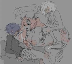 1girl2futas 3girls anby_demara belle_(zenless_zone_zero) breasts breasts_out female lesbian_sex mihoyo nicole_demara penetration penetration_from_behind sketch sweeter_kiwiis text yuri zenless_zone_zero