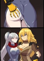 2girls 2koma ass ass_grab big_ass big_breasts blonde_hair blue_eyes blush breast_press breasts busty cleavage close-up comic fat_ass female female_only flustered grey_hair groping hand_on_own_hip heart highres huge_ass large_breasts long_hair looking_pleasured multiple_girls panties pleasure_face pleasured purple_eyes rwby side_ponytail smile underwear voluptuous weiss_schnee white_panties yang_xiao_long yuri