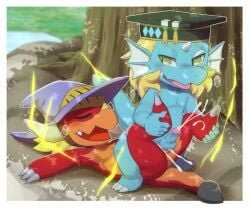 3_fingers anal anal_sex anthro blue_body blush bodily_fluids bushiroad claws closed_eyes clothing countershading cum cum_in_ass cum_inside cum_splatter cumshot dragon drum_bunker_dragon duo ejaculation facial_horn fin finger_claws fingers forehead_horn future_card_buddyfight genital_fluids genitals glans graduation_cap green_eyes hat hat_only head_fin headgear headgear_only headwear headwear_only horn humanoid_genitalia humanoid_penis looking_at_another looking_at_partner looking_back looking_back_at_another looking_back_at_partner lying male male/male mostly_nude mythological_creature mythological_scalie mythology narrowed_eyebrows narrowed_eyes nose_horn ofuro on_back on_bottom on_top open_mouth orange_body orange_countershading penetration penile penile_penetration penis penis_in_ass pink_glans purple_witch_hat qinus_axia red_body reverse_cowgirl_position scalie sex toe_claws white_claws white_horn yellow_horn