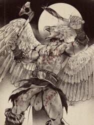 abs ama_dench_art anthro avian axe balls beak big_balls blood bodily_fluids digital_drawing_(artwork) digital_media_(artwork) foreskin genital_fluids genitals hi_res humanoid_genitalia humanoid_penis male male_only muscular muscular_anthro muscular_male nipples open_mouth penis precum restricted_palette solo uncircumcised weapon wings xjal