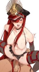 1boy ^^^ bare_shoulders bikini bikini_bottom_aside bikini_top_aside black_bikini black_hat black_thighhighs blunt_bangs breasts censored clothing_aside commentary_request fate/grand_order fate_(series) female frilled_bikini frills from_above hair_over_one_eye hair_over_shoulder hand_on_another's_waist hat k52 large_breasts long_sidelocks looking_at_viewer male mosaic_censoring motion_lines navel nipples nude oda_nobunaga_(fate) oda_nobunaga_(maou_avenger)_(fate) oda_uri open_mouth peaked_cap red_eyes red_hat sex sidelocks simple_background spread_legs squatting_cowgirl_position stomach straight studded_thigh_strap sweat swimsuit teeth thigh_strap thighhighs tongue two-tone_hat vaginal_penetration white_background