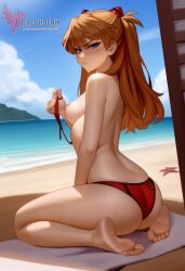 1girls 2d ai_generated areolae ass asuka_langley_sohryu back bare_shoulders beach big_ass bikini bikini_pull bikini_top blue_eyes day erophoenix female female_focus full_body long_hair looking_at_viewer neon_genesis_evangelion ocean orange_hair outdoors pale_skin pale_skinned_female patreon_username red_bikini sky small_breasts solo swimsuit thick thick_thighs uncensored