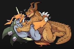 anal anthro bandai_namco barazoku blush bodily_fluids claws digimon digimon_(species) duo erection genitals heart_symbol kissing leg_wrap male male/male male_penetrated male_penetrating male_penetrating_male penetration penis saliva saliva_string sex yellowluster zudomon