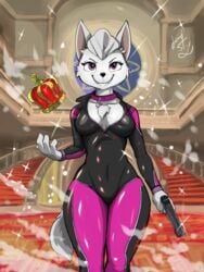 anthro bodysuit breasts canid canine canis cleavage clothed clothing collar crown diacordst domestic_dog female fur gun handgun hi_res mammal paw_patrol pistol png ranged_weapon smile sweetie_(paw_patrol) teeth thick_thighs tight_clothing weapon wide_hips