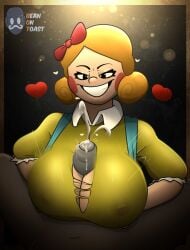 2025 2d 2d_(artwork) 2d_artwork animatronic animatronic_female artist_logo artist_name beanontoast big_breasts blonde_hair breasts light-skinned_female miss_delight poppy_playtime red_cheeks ripped_clothing robot_joints titjob