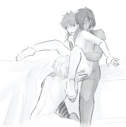 aoba_seragaki clear_(dramatical_murder) comoesy dramatical_murder gay koujaku mmm_threesome monochrome robot robot_boy scar tagme tan_body tattoo threesome yaoi