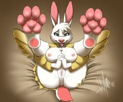 angel angel_gabby angel_hare anthro areola big_breasts big_nose blue_eyes blue_sclera breasts brown_background buckteeth camel_toe clothing eyelashes feathered_wings feathers feet female foot_fetish fur head_tuft lagomorph legs_up leporid looking_at_viewer lying mammal nipples on_back open_mouth open_smile panties pawpads pink_areola pink_nipples pink_nose rabbit robe scut_tail short_tail simple_background smile solo tail teeth the_east_patch thick_thighs tongue tongue_out tuft underwear wet wet_clothing wet_panties wet_underwear white_body white_clothing white_fur white_panties white_underwear wide_hips wings wolftomwolf yellow_body yellow_clothing yellow_feathers yellow_robe