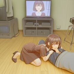 ai_generated blush bob_cut brown_skirt clothed_female cute enthusiastic enthusiastic_female high_heels indoors mezrus reporter sex shirt size_difference skirt tagme television tv