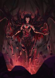 1girls 2010s 2019 2d black_hair breasts bryuenart darkness demon demon_girl dota_2 explosion female forest full_body genderswap_(mtf) horns humanoid legless light-skinned_female light_skin long_hair looking_at_viewer magic medium_breasts monster monster_girl open_mouth pauldrons red_eyes red_hair rock rule_63 safe shadow_fiend smug solo spell spread_arms straight-on two_tone_hair valve wings