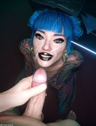 3d black_lipstick blue_eyes blue_hair bun_hair checkpik cheri_nowlin cum cum_on_face cumshot cyberpunk_2077 erection penis smile smiling tattoo