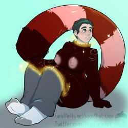 1:1 2019 ailurid anthro areola artist_logo barely_visible_genitalia barely_visible_pussy big_areola big_breasts biped black_hair bottomwear breasts brown_body brown_fur clothed clothing colored female footwear fur gender_transformation genitals hair hand_on_ground hi_res human human_to_anthro legs_together logo looking_at_own_tail male male_(lore) mammal markings mid_transformation mtf_transformation nipples nude nut-case open_mouth pants pink_markings pussy red_markings red_panda simple_background sitting sitting_on_ground socks solo species_transformation tail topless transformation transformation_through_magic