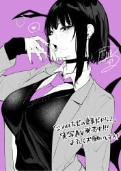 blazer breasts cardigan choker coat collared_shirt commentary_request cum cum_in_mouth cum_on_body cum_on_hands cum_on_tongue cum_string danimaru demon_girl demon_tail demon_wings ear_piercing female fingernails greyscale greyscale_with_colored_background hand_up highres jacket large_breasts looking_at_viewer low_wings monochrome nail_polish necktie open_mouth original piercing purple_background purple_nails purple_necktie shirt short_hair sideways_glance simple_background solo spot_color tail tongue tongue_out translation_request upper_body wings