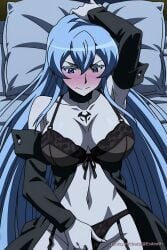 ai_generated akame_ga_kill! armpit_fetish armpits belly big_breasts blush breasts breasts_bigger_than_head esdeath_(akame_ga_kill!) fingering lingerie masturbation pinku.ai pussy slutty_face