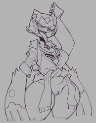 alternative_fashion anthro backpack big_breasts bottomless bottomwear bra bra_peek breasts caliginous cleavage clothed clothing ear_piercing eyelashes eyewear female front_view generation_8_pokemon genitals glasses grey_background gyaru hi_res j-fashion looking_at_viewer necktie nintendo piercing pokemon pokemon_(species) pupils pussy sharp_teeth simple_background skirt slit_pupils sneasler solo sweater sweater_around_waist teeth thick_thighs tongue tongue_out topwear underwear wide_hips