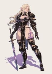 adventurer ai_assisted ai_generated armor bare_hips bare_thighs belts black_armor black_clothing boob_window breast_plate buckles circlet civitai curvy curvy_female czero2011 dark_knight digital_media_(artwork) dnd dnd_homebrew drill_hair dynamic_pose elf elf_female elf_girl engraving fancy_clothing fantasy female female_only fully_clothed gauntlets glowing_markings glowing_tattoo gold_eyes greaves holding_sword holding_weapon knight knight_armor long_hair looking_away medium_breasts original_character original_female_character pale-skinned_female pale_skin pelvic_curtain platinum_blonde_hair plump_lips pointy_ears sfw shadow simple_background skimpy skimpy_armor skimpy_clothes skinny_female solo solo_female standing straps sword tattoos thick_thighs thigh_high_boots thin_waist vambraces wide_hips