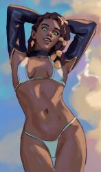 1girls arms_behind_head arms_up bikini braided_hair breasts dark-skinned_female dark_skin female flhour league_of_legends looking_at_viewer riot_games senna_(league_of_legends) solo solo_female