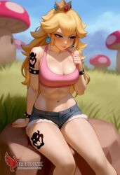 1girls 2d ai_generated ass back bare_shoulders big_ass big_breasts blonde_hair blue_eyes collar corrupted corruption crown day denim_shorts erophoenix evil_grin evil_smile female female_focus full_body fur_lined_shorts jewelry long_hair looking_at_viewer mario_(series) nintendo outdoors pale_skin pale_skinned_female patreon_username princess_peach shorts sitting sky smile solo sports_bra super_mario_bros. super_smash_bros. thick thick_thighs uncensored