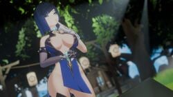 3d 3d_(artwork) assdepik big_breasts blonde_hair blue_eyes breasts cleavage clothed genitals genshin_impact hilichurls_(species) nipples short_hair standing thinking vagina yelan_(genshin_impact)