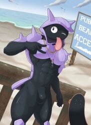 2025 5_fingers abs anthro anthrofied athletic athletic_anthro athletic_male beach big_tongue biped bivalve black_arms black_face black_fingers black_hands blue_sky cloud digital_drawing_(artwork) digital_media_(artwork) english_text featureless_chest fence fingers generation_1_pokemon gesture hand_gesture hi_res humanoid_hands jewelry looking_at_viewer male marine mollusk necklace nintendo null null_bulge one_eye_closed outside pink_tongue pique_raj pokemon pokemon_(species) pokemorph posing_for_picture purple_arms purple_body purple_chest sand sea seaside shellder skateboard sky solo standing text tongue tongue_out v_sign vehicle water white_clouds wink winking_at_viewer wood wood_fence