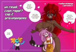 1boy 1female 2girls big_breasts big_hips big_nipples big_thighs blue_eyes breasts breasts_bigger_than_head breasts_on_head brown_body brown_hair brown_nipples brown_skin brunette_female clothing eyelashes female flat_chest fnafhs fnafhsrule34 golden_clothing height_difference hips long_hair mai_(fnafhs) massive_boobs massive_breasts massive_hips massive_thighs massive_tits nipples oc paritonaxxx promotion red_hair redhead_female schoolgirl small_breasts smaller_female spanish_dialogue spanish_text taller_female taller_girl tattoo teenager text text_bubble thick_thighs thighs toddy_(fnafhs) violet_hair voluptuous voluptuous_body voluptuous_female white_body white_skin yuri