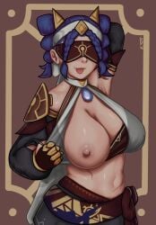 1girls armpits arms_up blindfold dark-skinned_female eremite_(genshin_impact) female genshin_impact imminent_sex inviting_to_sex jeht_(genshin_impact) male naked npc scars showing_breasts stockings tap34