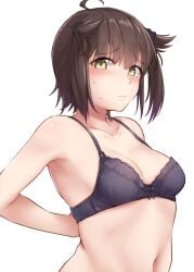 1girls absurdres ahoge armpit_crease armpit_peek black_bra blush bra breasts brown_hair collarbone female hatsuzuki_(kancolle) highres kantai_collection kiritto navel short_hair simple_background small_breasts solo underwear upper_body white_background yellow_eyes