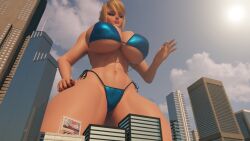 1girl ass big bikini blonde_hair breasts building city dbhfrost female focus giant giantess laying light light-skinned long looking macro mega metroid micro on only ponytail samus_aran scrag_boy side skin suit thick thigh thighs zerosuit
