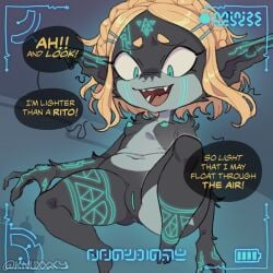 alternate_species black_body black_skin blonde_hair blue_nipples breasts english_text fangs female genitals glistening glistening_hair hair humanoid humanoid_pointy_ears inside knuxy nintendo nipples nude open_mouth pointy_ears princess_zelda pussy short_hair small_breasts smile solo tears_of_the_kingdom teeth text the_legend_of_zelda twili