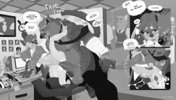 absurd_res anal anal_sex angryrawcoon anthro ass background_character balls belt big_balls big_penis binturong bite blush bodily_fluids boss boss_and_employee bottomwear bubble_butt buckteeth canid canine canis chair clock clothed clothing comic computer cubicle cum cum_drip cum_in_ass cum_inside cumshot desk detailed_background dialogue digital_media_(artwork) dripping duo ejaculation electronics employee employee_of_the_month employee_uniform english_text erection exhibitionism eyewear fox fur furniture genital_fluids genitals glasses greyscale hair hi_res humanoid_genitalia humanoid_penis inside jacket lagomorph leporid licking licking_lips male male/male male_penetrated male_penetrating male_penetrating_male mammal monochrome musclegut muscular muscular_male necktie nipples note_pad nude oblivious office office_chair office_clothing onomatopoeia open_belt open_mouth orgasm ourobunny pants pawpads pecs penetration penile penis phone phone_call phone_ringing question_mark rabbit risky_sex sex shirt shoulder_bite size_difference sound_effects speech_bubble sweat table tail teeth text tongue tongue_out topwear unbuttoned unbuttoned_shirt unprofessional_behavior viverrid wolf