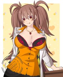 :p bra breasts brown_hair dr._arach female highres hirakawa jewelry lab_coat lace large_breasts long_hair looking_at_viewer necklace orange_vest simple_background thick_thighs thighhighs thighs tongue tongue_out tsukihime tsukihime_(remake) twintails underwear vest yellow_eyes zettai_ryouiki