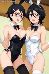 2girls ai_generated animal_ears animated asymmetrical_docking bare_shoulders black_bow black_bowtie black_eyes black_hair black_leotard bleach bleach:_the_thousand-year_blood_war blush boruto:_naruto_next_generations boruto:_two_blue_vortex bow bowtie breast_press breasts cleavage cowboy_shot dandanhub detached_collar fake_animal_ears gif glasses hair_between_eyes hair_ornament hairclip highleg highleg_leotard kuchiki_rukia large_breasts leotard looking_at_viewer medium_breasts multiple_girls naruto naruto_(series) naruto_shippuden open_mouth patreon_username playboy_bunny rabbit_ears rabbit_tail red-framed_eyewear sarada_uchiha short_hair skindentation smile strapless strapless_leotard tail thighhighs uchiha_sarada white_leotard wrist_cuffs