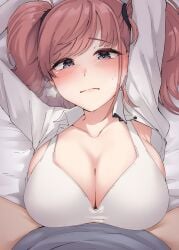 1girls 1other absurdres atlanta_(kancolle) bed_sheet blush bra breasts brown_hair cleavage collarbone collared_shirt earrings female grey_eyes handsfree_paizuri highres implied_paizuri jewelry kantai_collection kiritto large_breasts long_hair lying on_back open_mouth paizuri pov pov_crotch shirt single_earring solo_focus star_(symbol) star_earrings straddling straddling_paizuri straight two_side_up underwear upper_body white_bra white_shirt
