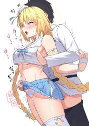 1boy absurdres bare_shoulders beret black_hair black_pants blonde_hair blue_eyes blue_skirt blush braid breasts censored chaldea_uniform choker clothes_lift crop_top crop_top_overhang cum fate/grand_order fate_(series) female fingerless_gloves fujimaru_ritsuka_(male) gloves grabbing_another's_breast grinding groping hat highres jeanne_d'arc_(fate) jeanne_d'arc_(mystery_treasure)_(fate) jeanne_d'arc_(swimsuit_archer)_(fate) large_breasts long_hair long_sleeves low_twin_braids male midriff mini_hat natu_zame navel open_mouth panties pants penis pleated_skirt sailor_collar shirt short_hair skirt straight thigh_sex thighhighs thighs translation_request twin_braids underwear very_long_hair white_gloves white_hat white_panties white_shirt white_thighhighs