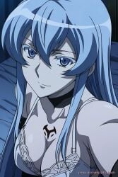 ai_generated akame_ga_kill! big_breasts blue_hair bra breasts breasts_bigger_than_head collar esdeath_(akame_ga_kill!) female from_above looking_at_viewer pinku.ai selfie underwear